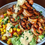 Grilled Shrimp Bowl with Avocado, Corn Salsa & Creamy Sauce
