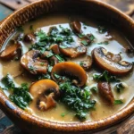 Wild Mushroom, Caramelized Onion and Kale Soup