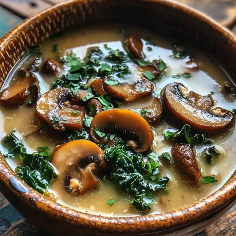 Wild Mushroom, Caramelized Onion and Kale Soup