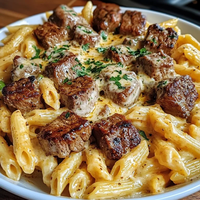 Cajun Steak Tips with Penne in Creamy Parmesan Cheese Sauce