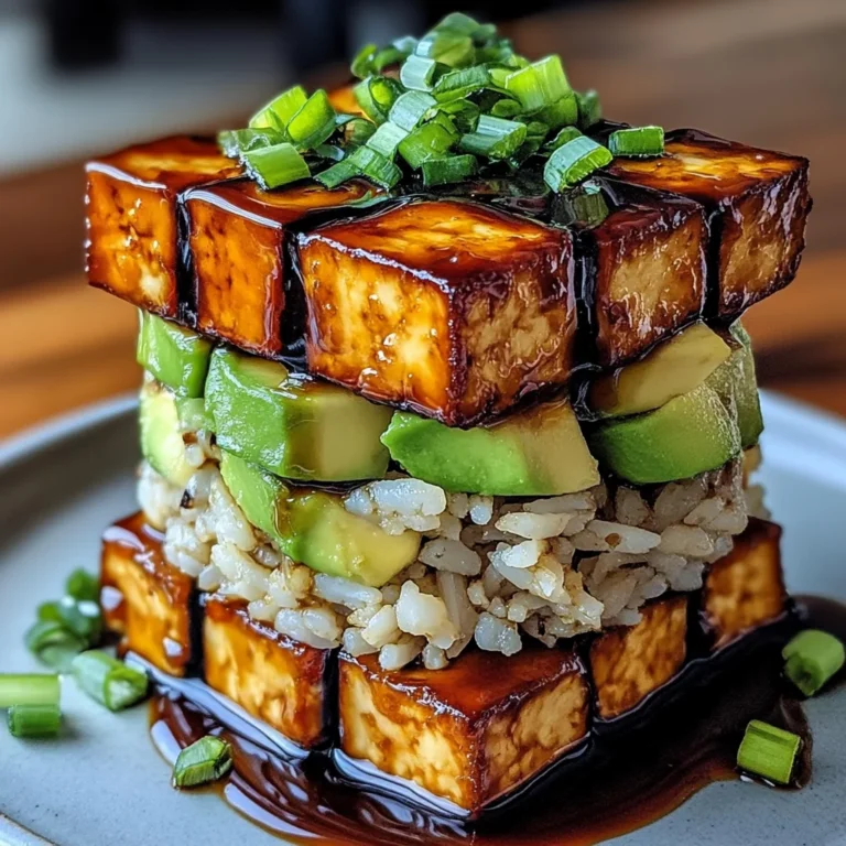 Crispy Teriyaki Tofu and Avocado Rice Stack