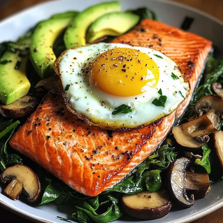 Pan-Seared Salmon with Sunny Egg, Sautéed Spinach, Mushrooms & Avocado