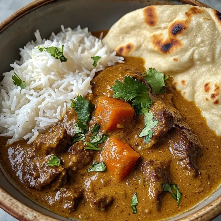 Slow-Cooked Beef in Creamy Coconut Curry with Rice and Garlic Naan