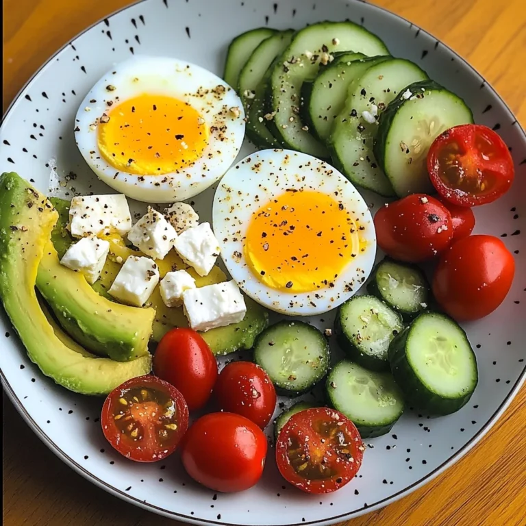 Avocado & Soft-Boiled Egg Breakfast Plate with Feta, Olives & Veggies