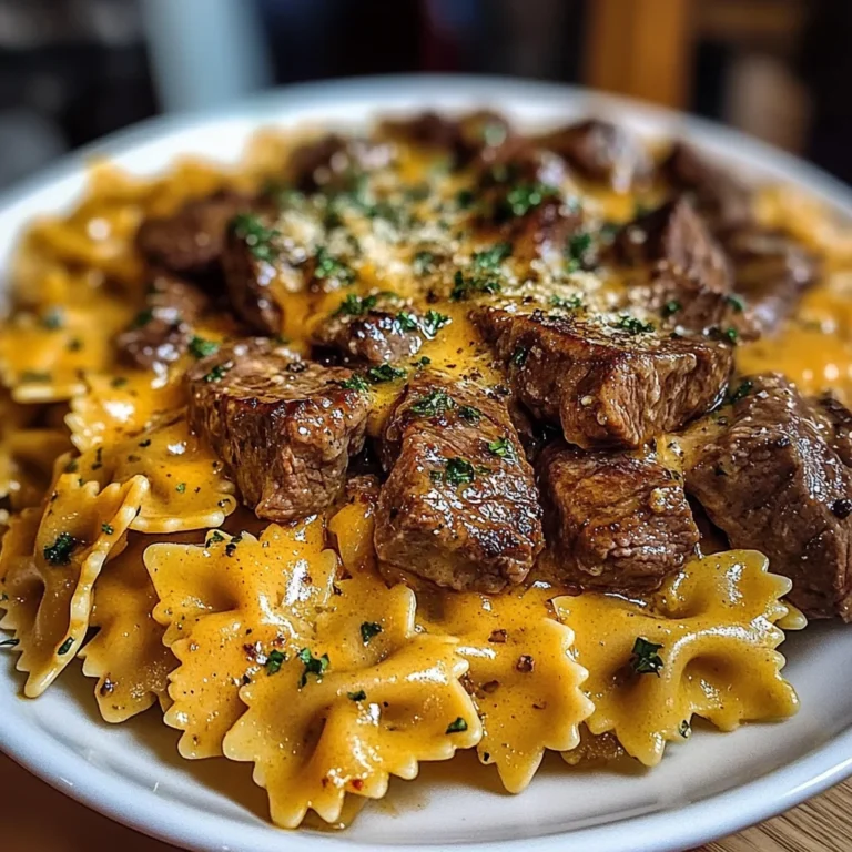 Beef and Bowtie Pasta in Cheddar Sauce