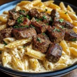 Cajun Steak Tips with Penne in Creamy Parmesan Cheese Sauce