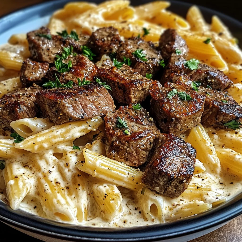 Cajun Steak Tips with Penne in Creamy Parmesan Cheese Sauce
