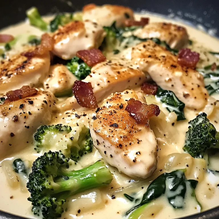 Creamy Garlic Butter Chicken Alfredo with Spinach, Bacon & Broccoli