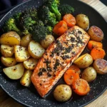 Garlic-Herb Salmon with Roasted Potatoes, Glazed Carrots & Broccoli