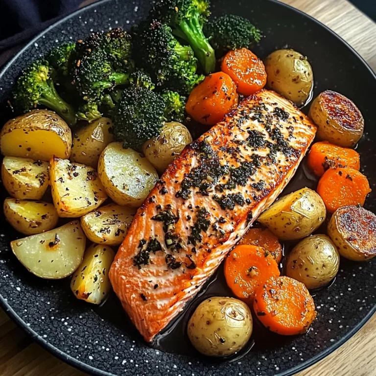 Garlic-Herb Salmon with Roasted Potatoes, Glazed Carrots & Broccoli