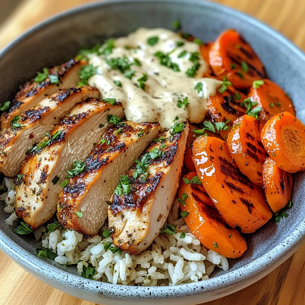 Grilled Chicken Bowl with Herbed Rice, Glazed Carrots & Creamy Sauce