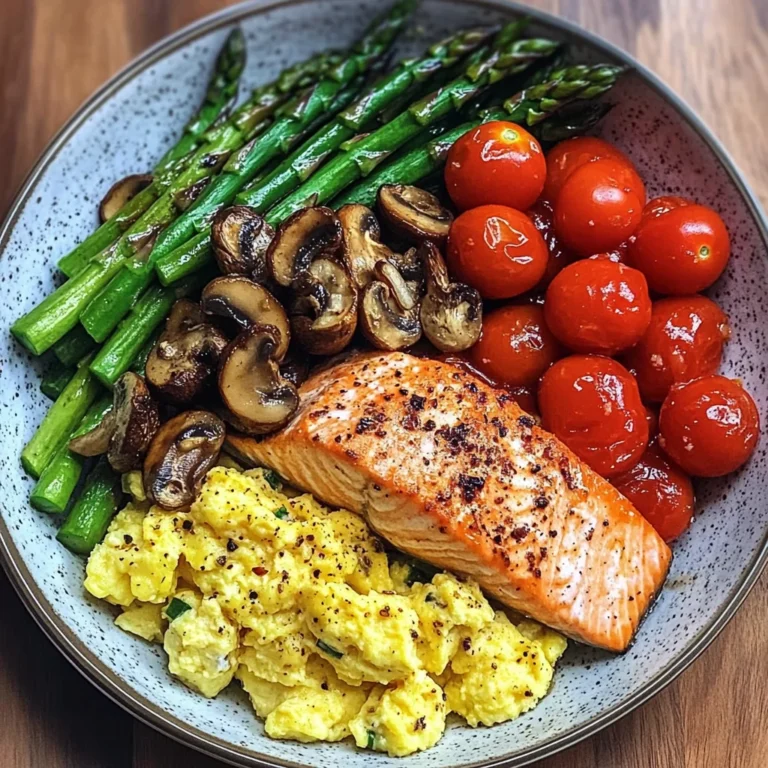 Salmon Power Bowl with Scrambled Eggs, Asparagus & Sauted Mushrooms