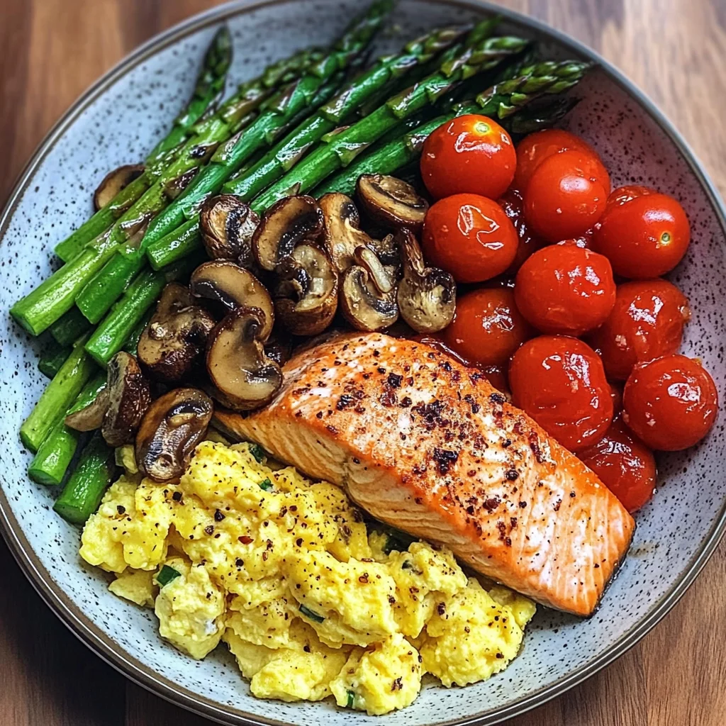 Salmon Power Bowl with Scrambled Eggs, Asparagus & Sauted Mushrooms
