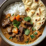 Slow-Cooked Beef in Creamy Coconut Curry with Rice and Garlic Naan