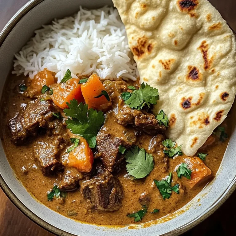 Slow-Cooked Beef in Creamy Coconut Curry with Rice and Garlic Naan